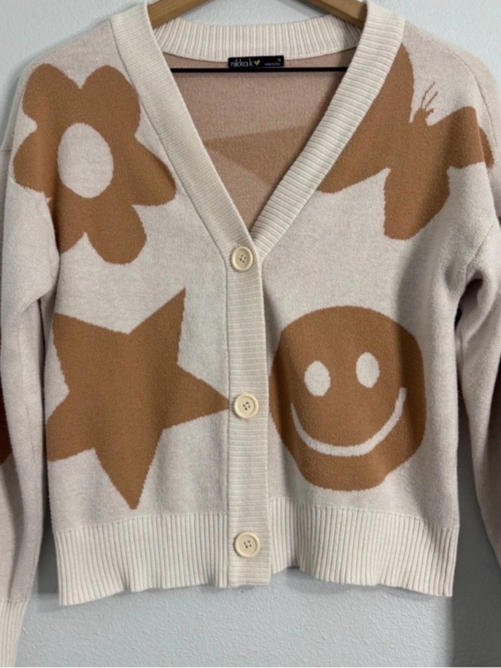 Nikka K Floral & Smiley Cream Cardigan with Tan Motifs